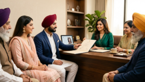 Punjabi families visiting a Kharar marriage bureau for matchmaking services