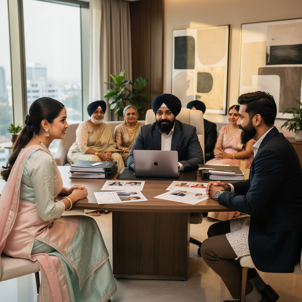 Punjabi families visiting matrimonial services office in Chandigarh for matchmaking.