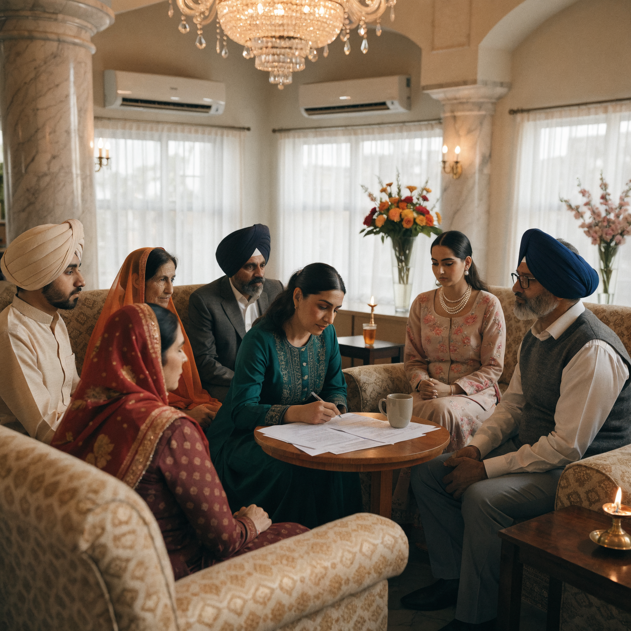Punjabi Sikh families discussing matches at a Gurdwara marriage bureau